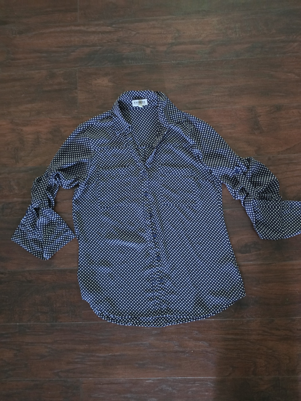 Express Navy Polka Dot Button-Up Blouse - Picture 2 of 6